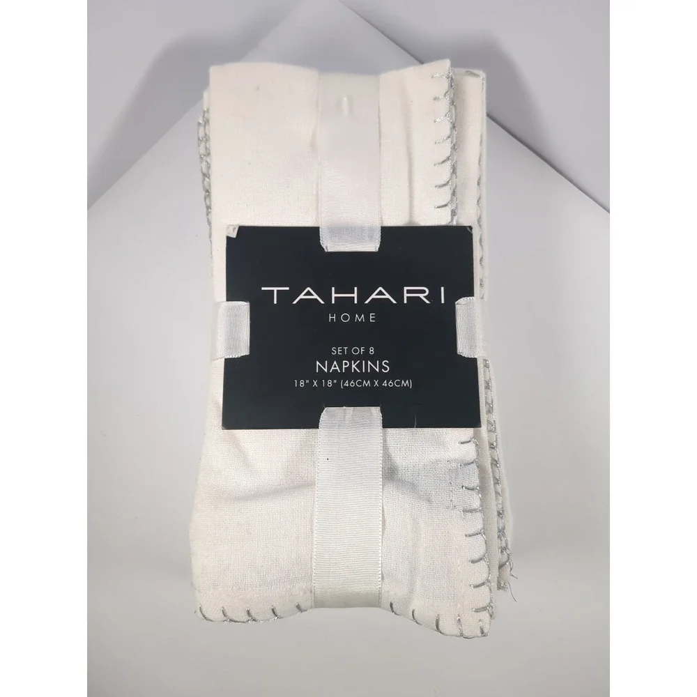 TAHARI Set of 8 Off White Cloth NAPKINS with Silver Trim Stitching 18